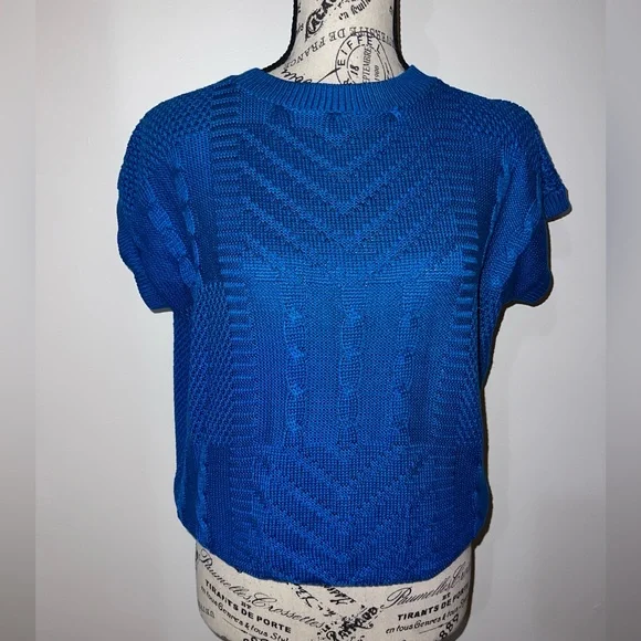 Vintage Vibrant Azure Blue Textured Knit Short Sleeve Top Small - Picture 1 of 7